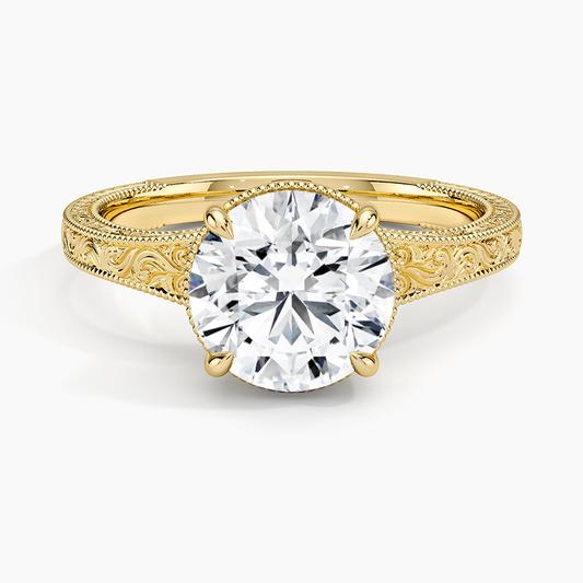 Tapered Elsie Engraved Solitaire Ring - Round Center Stone