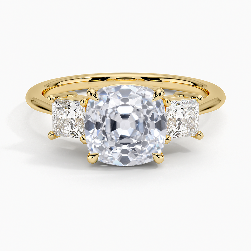 Princess Cut Three Stone Diamond Ring - Old Mine Cut Center Stone