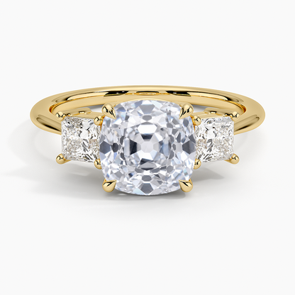 Princess Cut Three Stone Diamond Ring - Old Mine Cut Center Stone