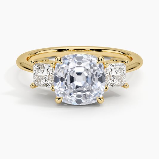 Princess Cut Three Stone Diamond Ring - Old Mine Cut Center Stone