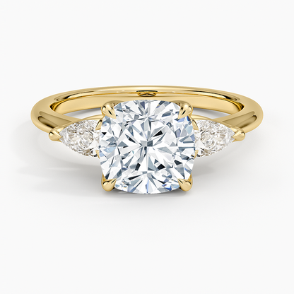 Fleur Three Stone Diamond Ring - Cushion Cut Center Stone