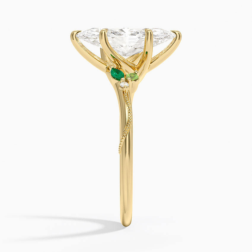 Camellia Milgrain Green Gemstone and Diamond Ring - Marquise Cut Center Stone
