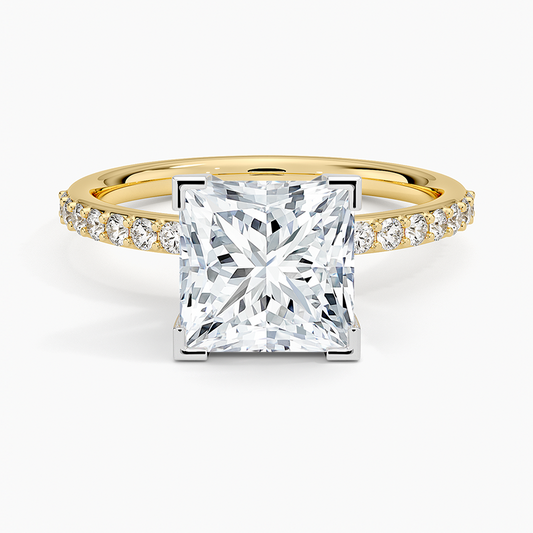 Petite Shared Prong Half Coverage Diamond Ring - Princess Cut Center Stone