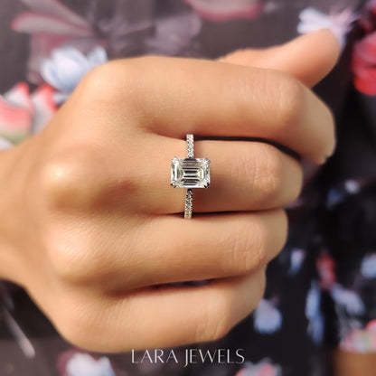 Lab grown emerald engagement ring in Lara Jewels setting, available in Silver. IGI certified, ethically sourced, handcrafted at Lara Jewels.