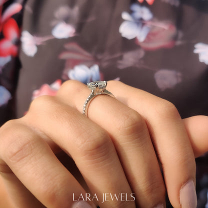 Lab grown emerald engagement ring in Lara Jewels setting, available in Silver. IGI certified, ethically sourced, handcrafted at Lara Jewels.