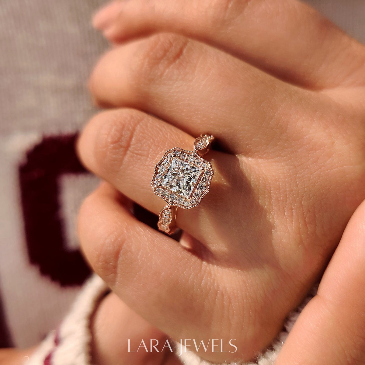 Lab grown princess engagement ring in Lara Jewels setting, available in Silver. IGI certified, ethically sourced, handcrafted at Lara Jewels.
