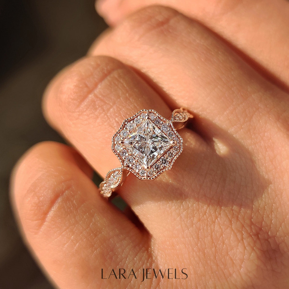 Lab grown princess engagement ring in Lara Jewels setting, available in Silver. IGI certified, ethically sourced, handcrafted at Lara Jewels.
