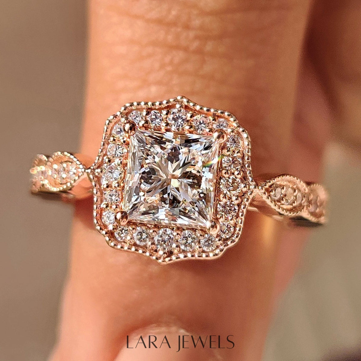 Lab grown princess engagement ring in Lara Jewels setting, available in Silver. IGI certified, ethically sourced, handcrafted at Lara Jewels.