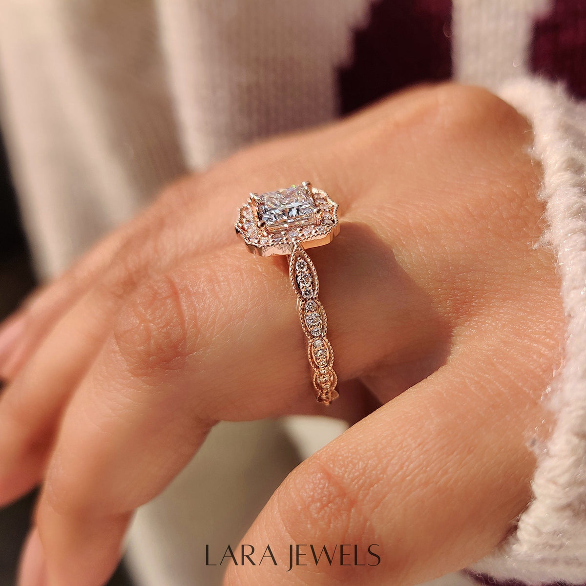 Lab grown princess engagement ring in Lara Jewels setting, available in Silver. IGI certified, ethically sourced, handcrafted at Lara Jewels.