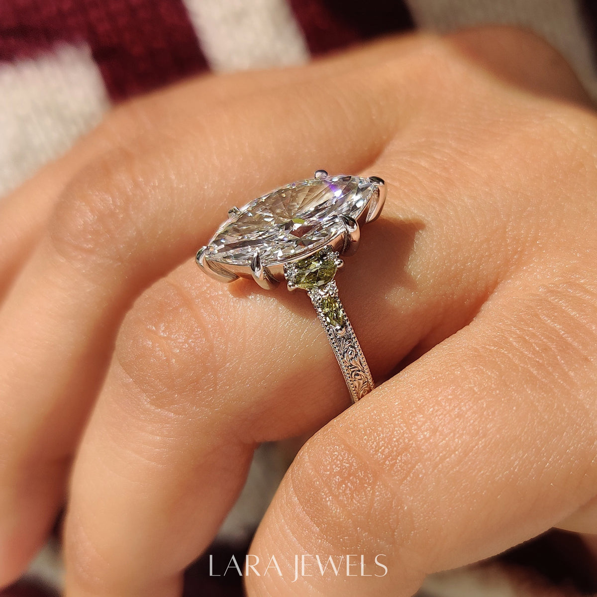 Lab grown marquise engagement ring in Vintage Art Deco style, available in Silver. IGI certified, ethically sourced, handcrafted at Lara Jewels.