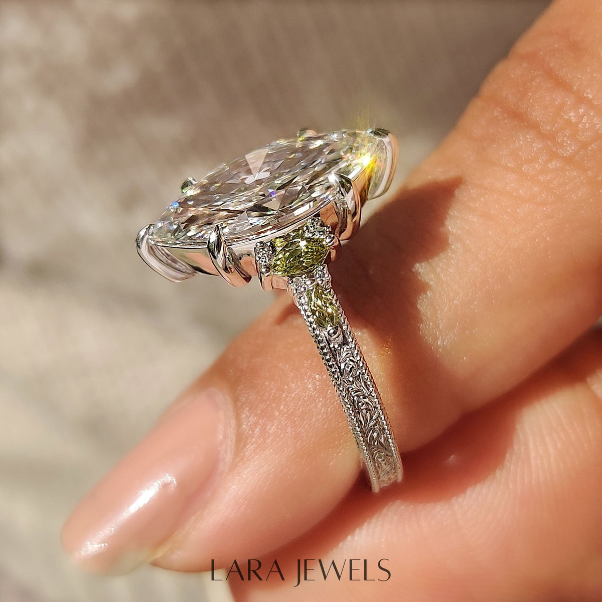 Lab grown marquise engagement ring in Vintage Art Deco style, available in Silver. IGI certified, ethically sourced, handcrafted at Lara Jewels.