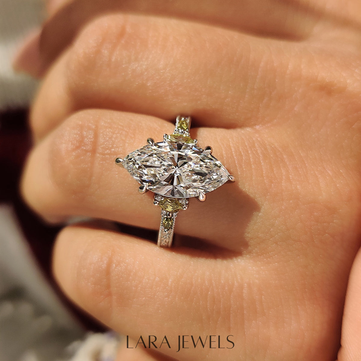 Lab grown marquise engagement ring in Vintage Art Deco style, available in Silver. IGI certified, ethically sourced, handcrafted at Lara Jewels.
