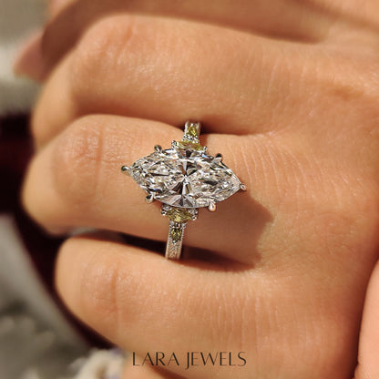 Lab grown marquise engagement ring in Vintage Art Deco style, available in Silver. IGI certified, ethically sourced, handcrafted at Lara Jewels.