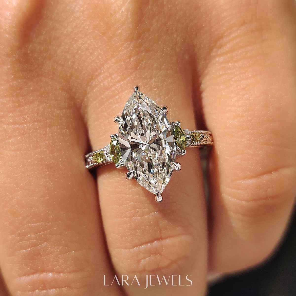 Lab grown marquise engagement ring in Vintage Art Deco style, available in Silver. IGI certified, ethically sourced, handcrafted at Lara Jewels.