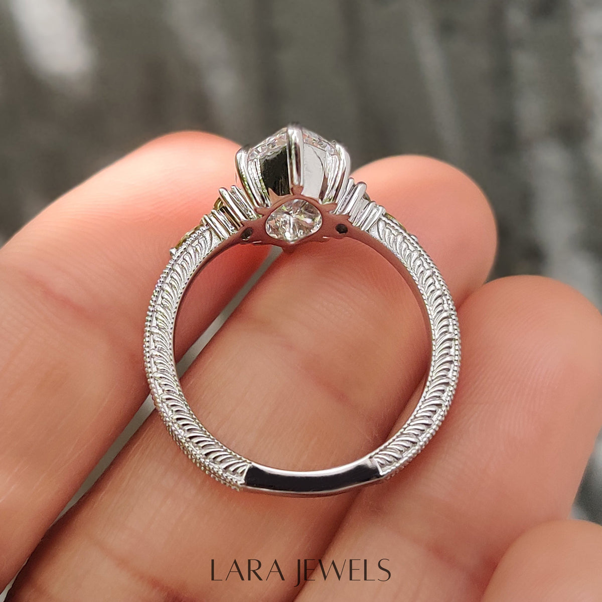 Lab grown marquise engagement ring in Vintage Art Deco style, available in Silver. IGI certified, ethically sourced, handcrafted at Lara Jewels.