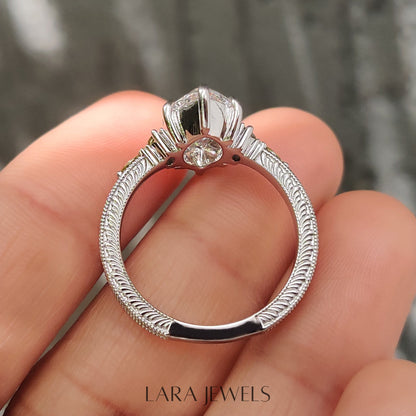Lab grown marquise engagement ring in Vintage Art Deco style, available in Silver. IGI certified, ethically sourced, handcrafted at Lara Jewels.