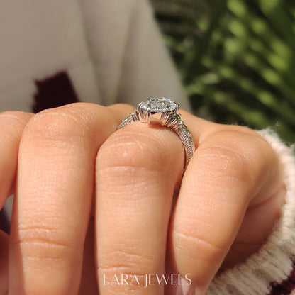 Lab grown marquise engagement ring in Vintage Art Deco style, available in Silver. IGI certified, ethically sourced, handcrafted at Lara Jewels.