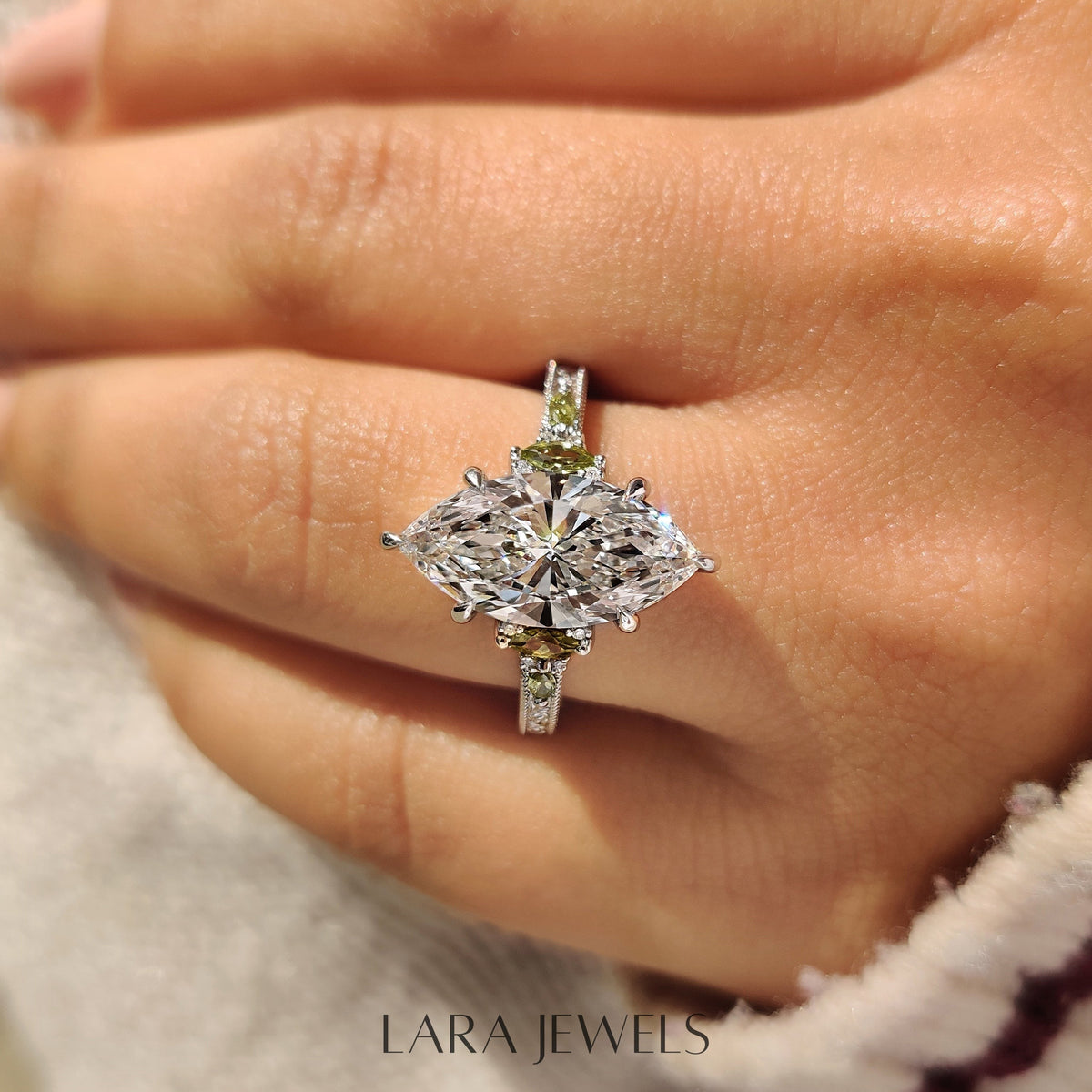 Lab grown marquise engagement ring in Vintage Art Deco style, available in Silver. IGI certified, ethically sourced, handcrafted at Lara Jewels.