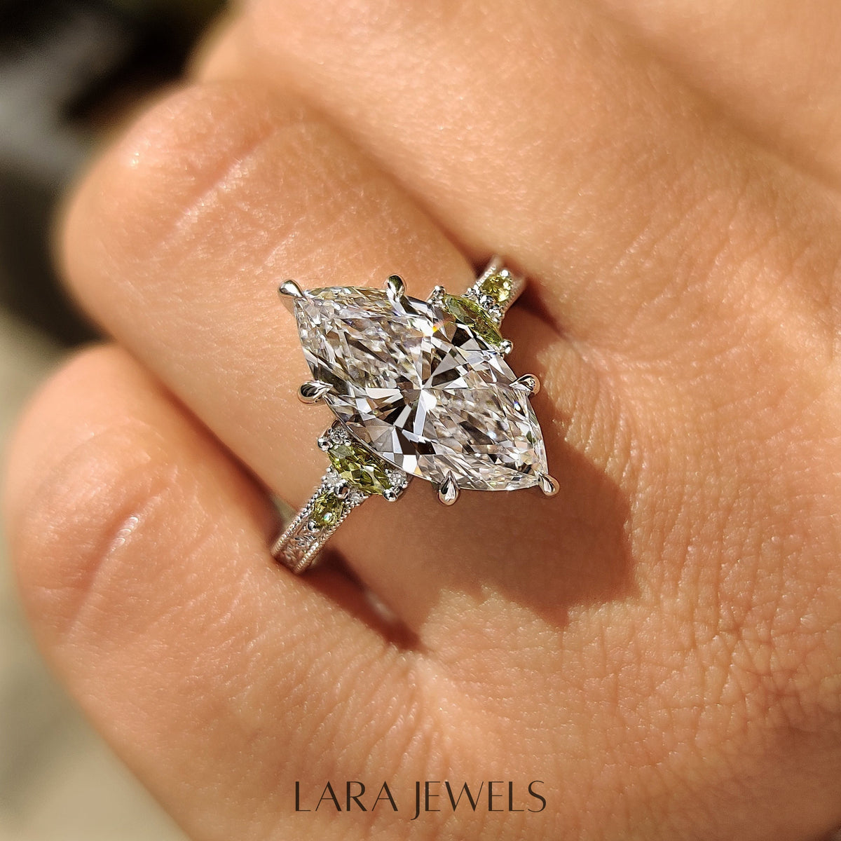 Lab grown marquise engagement ring in Vintage Art Deco style, available in Silver. IGI certified, ethically sourced, handcrafted at Lara Jewels.