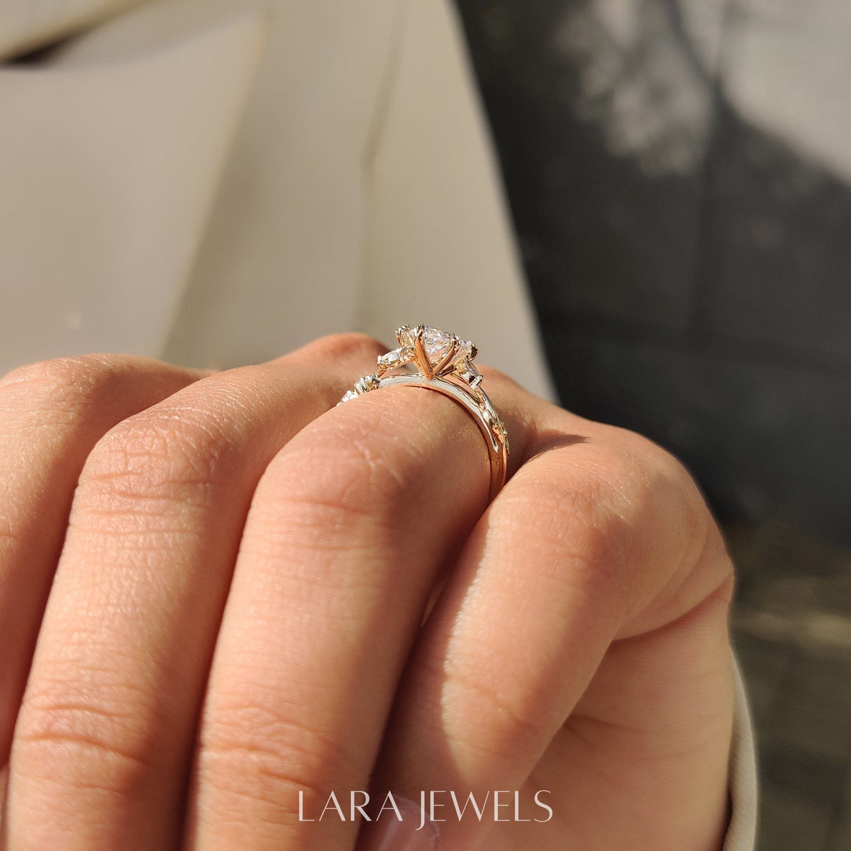 Lab grown pear engagement ring in Filigree style, available in Silver. IGI certified, ethically sourced, handcrafted at Lara Jewels.