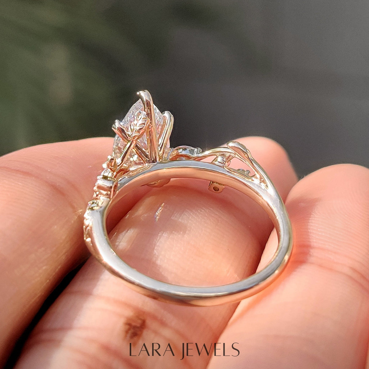 Lab grown pear engagement ring in Filigree style, available in Silver. IGI certified, ethically sourced, handcrafted at Lara Jewels.