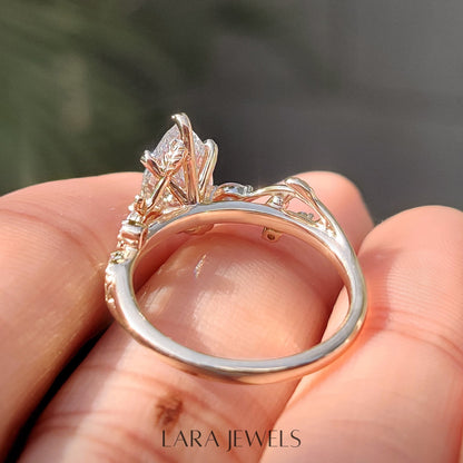 Lab grown pear engagement ring in Filigree style, available in Silver. IGI certified, ethically sourced, handcrafted at Lara Jewels.