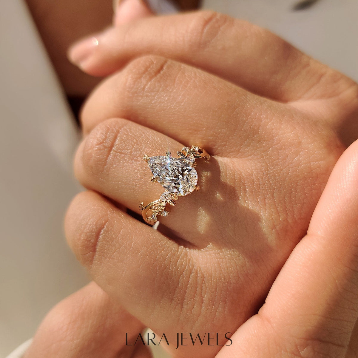 Lab grown pear engagement ring in Filigree style, available in Silver. IGI certified, ethically sourced, handcrafted at Lara Jewels.