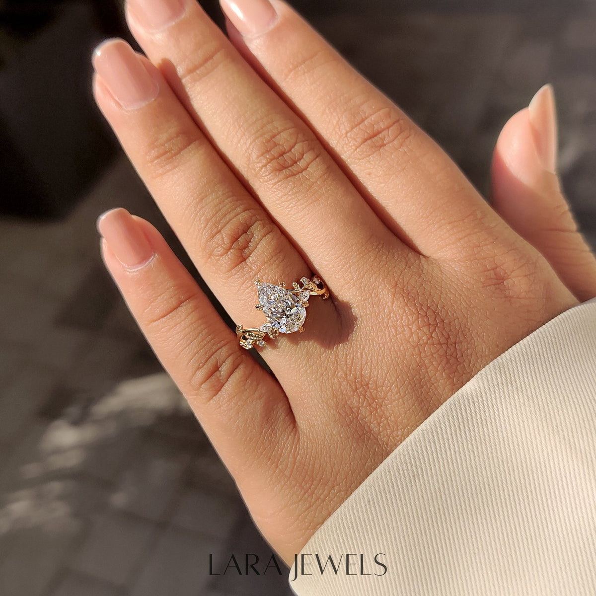 Lab grown pear engagement ring in Filigree style, available in Silver. IGI certified, ethically sourced, handcrafted at Lara Jewels.