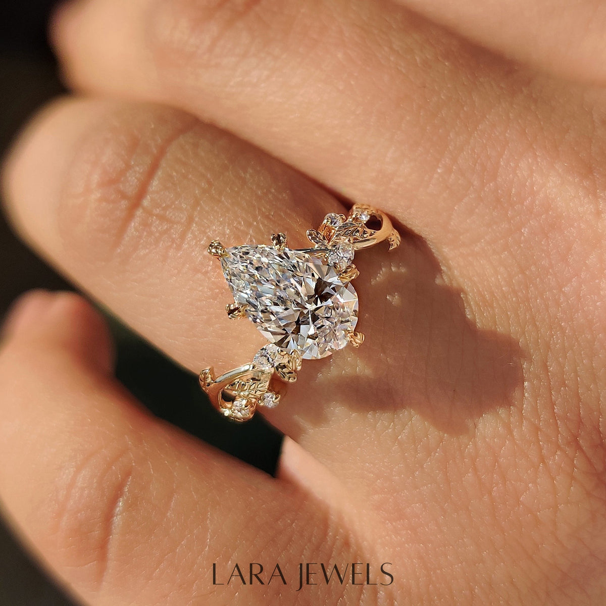 Lab grown pear engagement ring in Filigree style, available in Silver. IGI certified, ethically sourced, handcrafted at Lara Jewels.