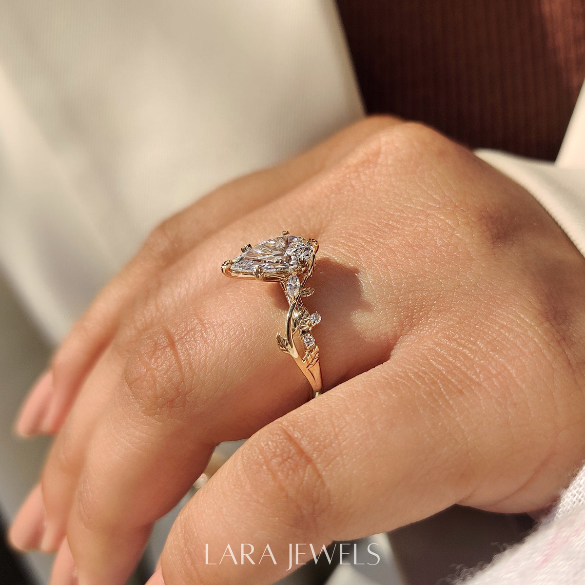 Lab grown pear engagement ring in Filigree style, available in Silver. IGI certified, ethically sourced, handcrafted at Lara Jewels.
