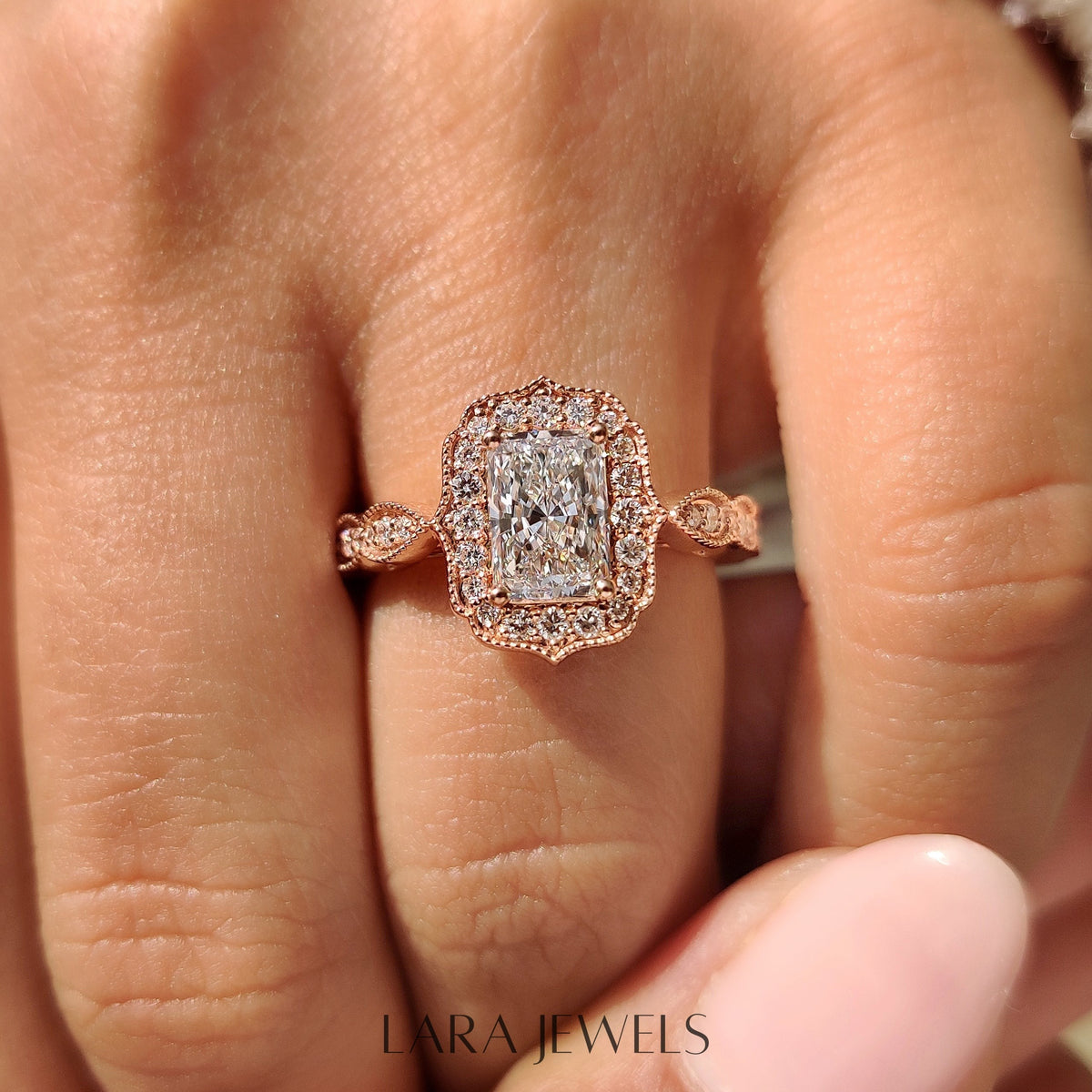 Lab grown radiant engagement ring in Milgrain Vintage Style, available in Silver. IGI certified, ethically sourced, handcrafted at Lara Jewels.