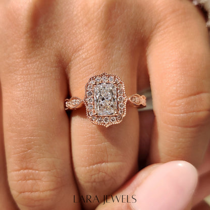 Lab grown radiant engagement ring in Milgrain Vintage Style, available in Silver. IGI certified, ethically sourced, handcrafted at Lara Jewels.