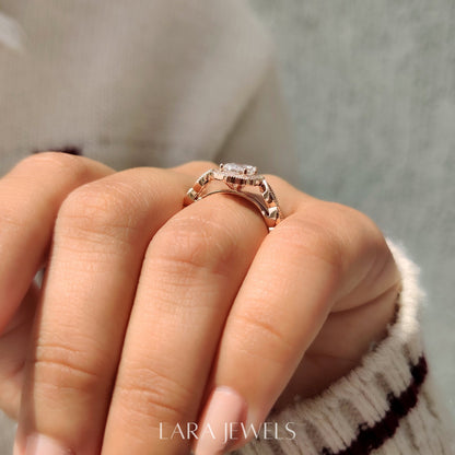 Lab grown radiant engagement ring in Milgrain Vintage Style, available in Silver. IGI certified, ethically sourced, handcrafted at Lara Jewels.