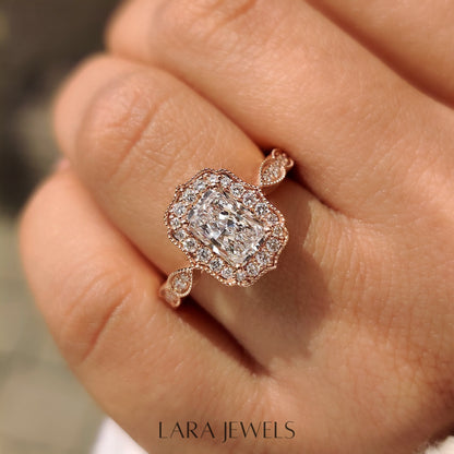 Lab grown radiant engagement ring in Milgrain Vintage Style, available in Silver. IGI certified, ethically sourced, handcrafted at Lara Jewels.