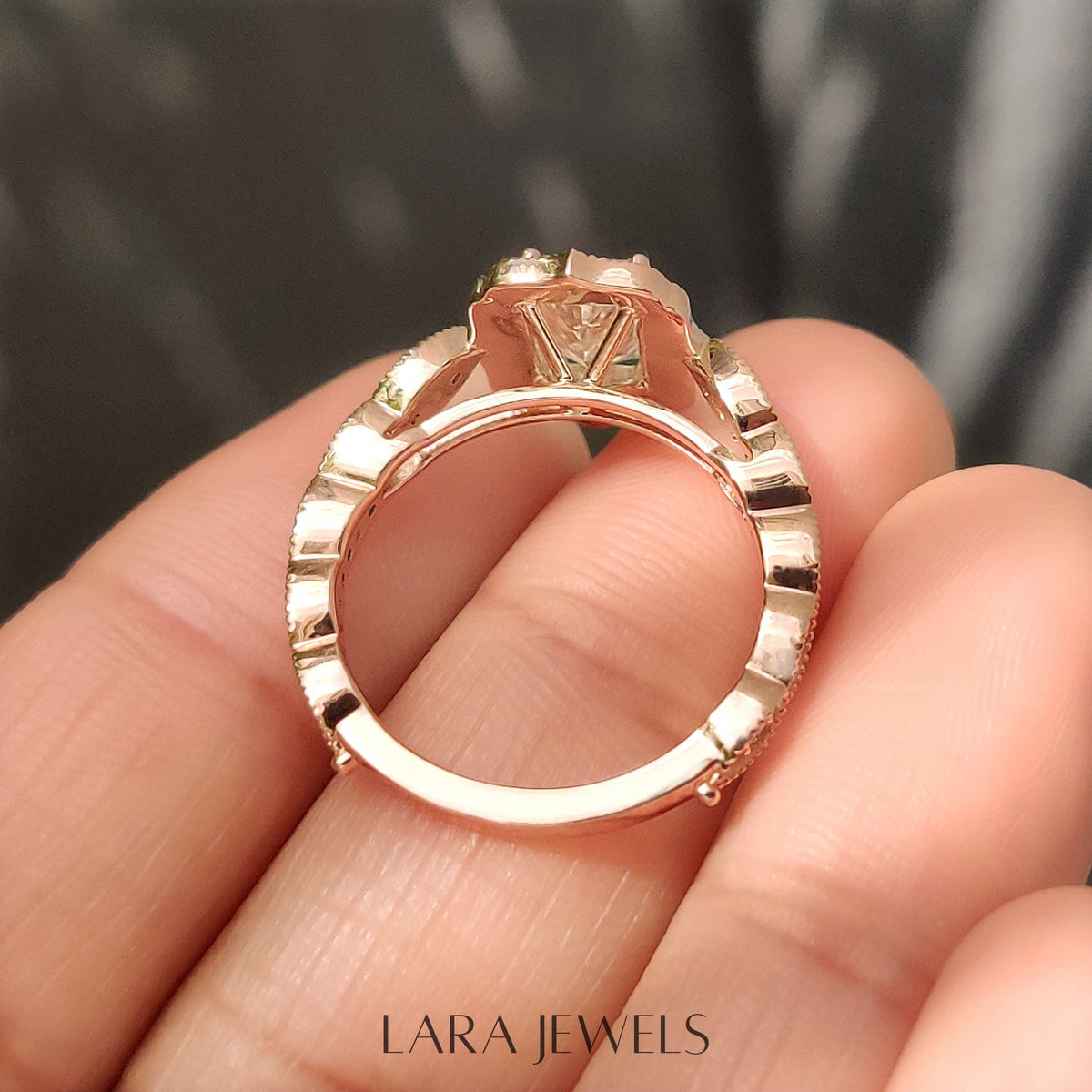 Lab grown radiant engagement ring in Milgrain Vintage Style, available in Silver. IGI certified, ethically sourced, handcrafted at Lara Jewels.