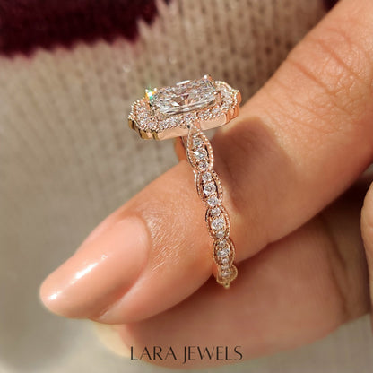 Lab grown radiant engagement ring in Milgrain Vintage Style, available in Silver. IGI certified, ethically sourced, handcrafted at Lara Jewels.