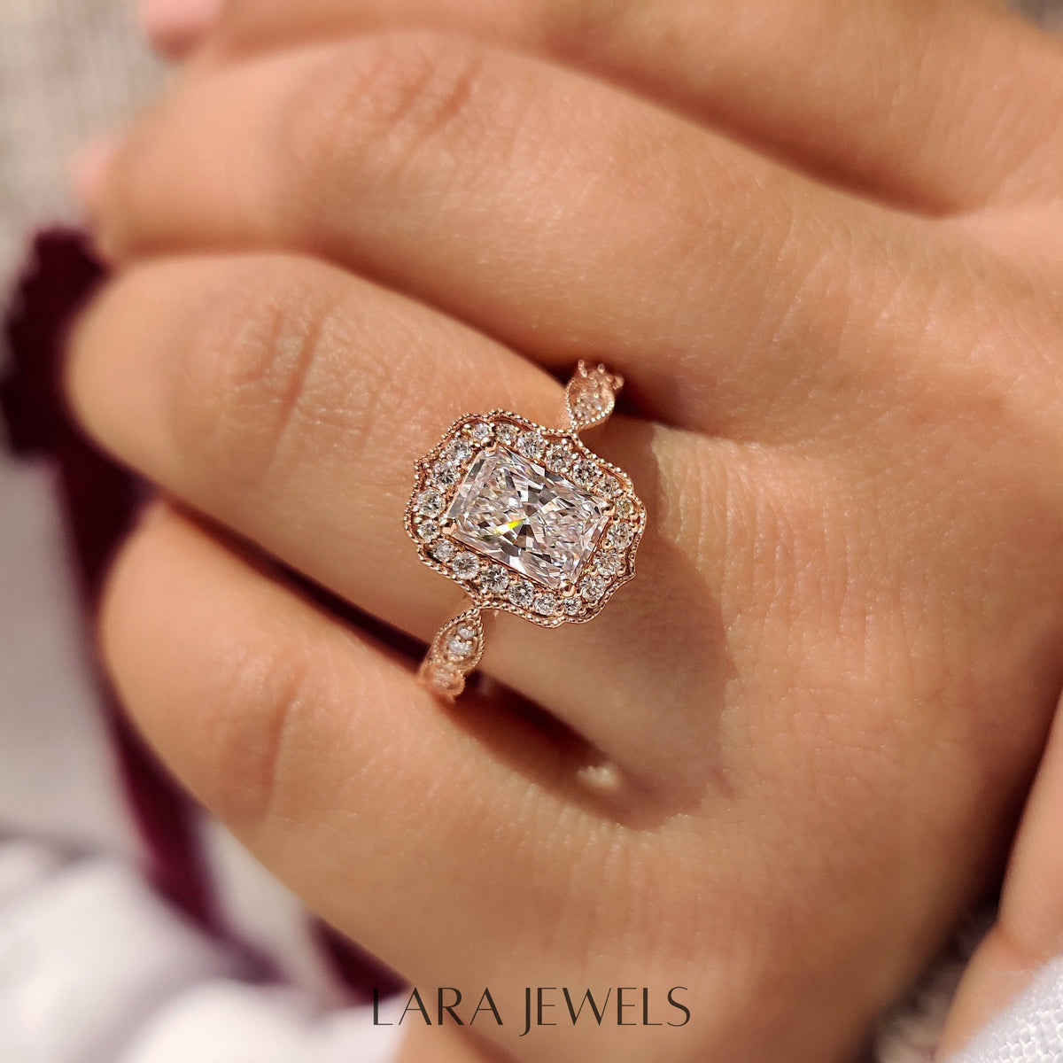 Lab grown radiant engagement ring in Milgrain Vintage Style, available in Silver. IGI certified, ethically sourced, handcrafted at Lara Jewels.
