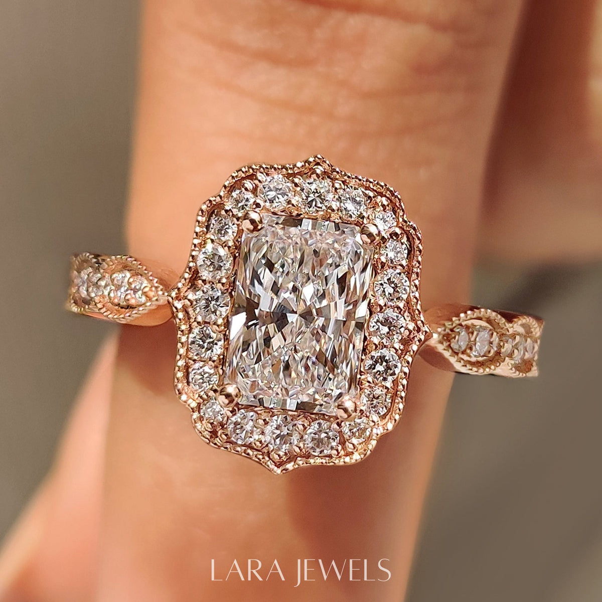 Lab grown radiant engagement ring in Milgrain Vintage Style, available in Silver. IGI certified, ethically sourced, handcrafted at Lara Jewels.