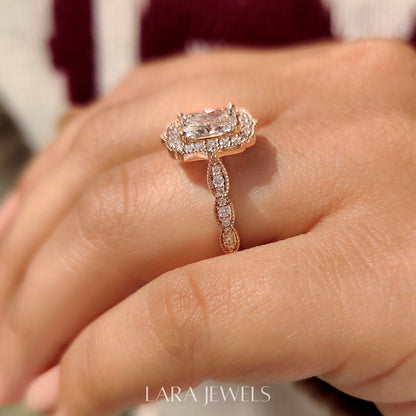 Lab grown radiant engagement ring in Milgrain Vintage Style, available in Silver. IGI certified, ethically sourced, handcrafted at Lara Jewels.